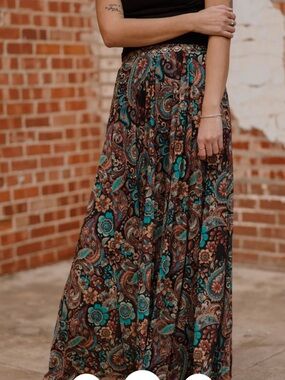 Paisley Teal and Brown Maxi Skirt with Elastic Waist